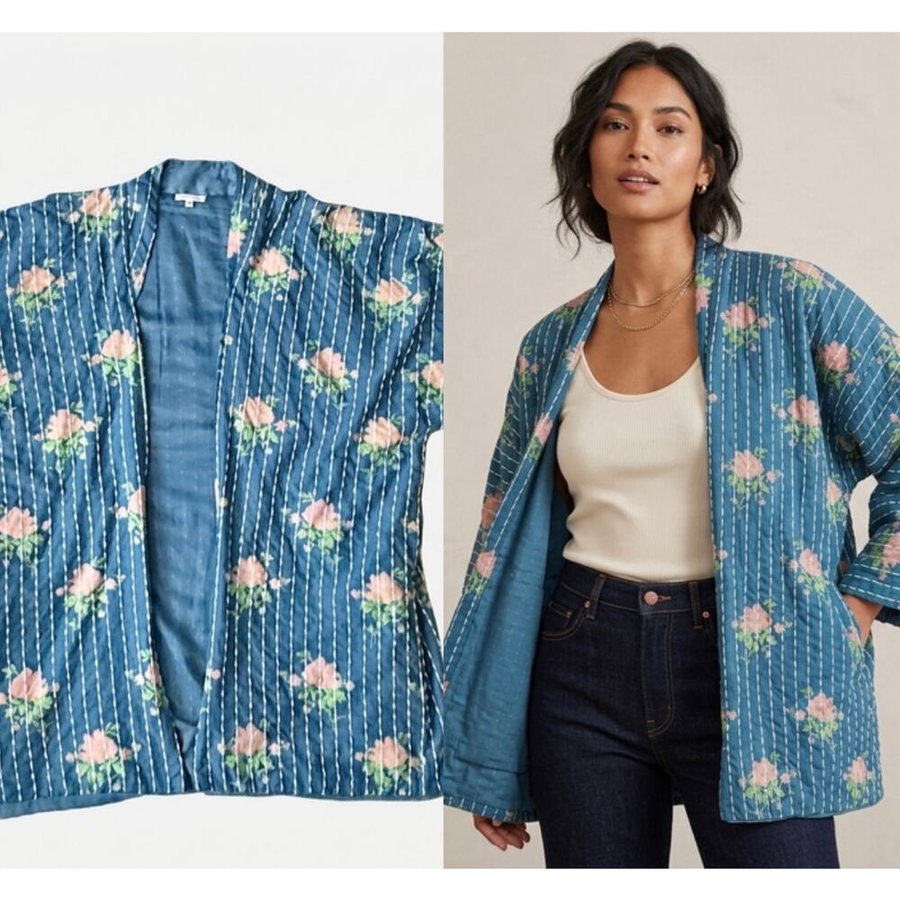 Earthbound Trading Co. Blue Floral Quilted Kantha Stitch Kimono Jacket L/XL